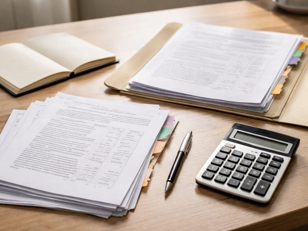 Minimal photo of a Greek-language document stack and a calculator on a desk, symbolizing net-worth research workflow.
