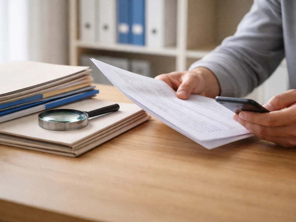 Anonymous hands reviewing official filings on a desk with a magnifying glass for claim verification