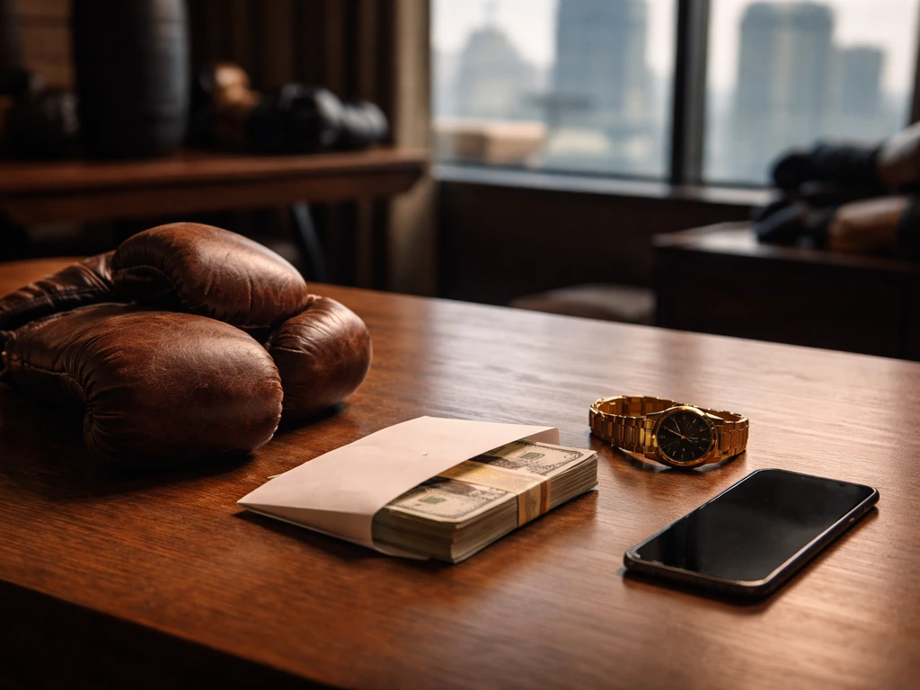 Worn boxing gloves, cash envelope, and watch on a desk near a window, symbolizing boxer income sources.