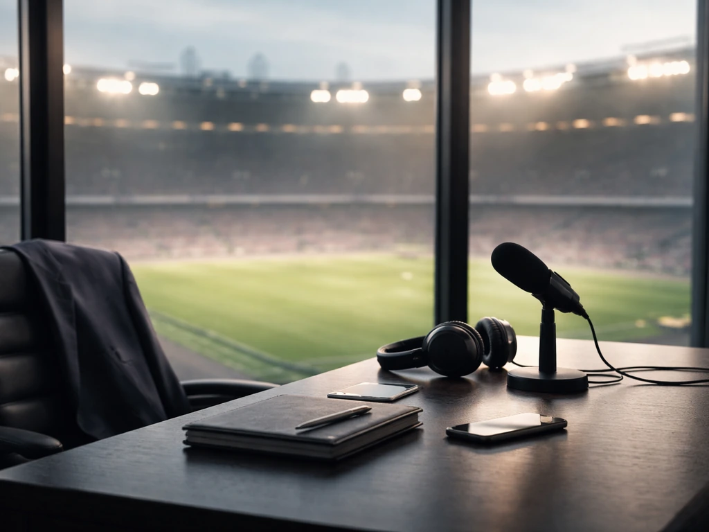 Empty football stadium executive office with a laptop, suit jacket, and blurred skyline—symbolic of football leadership