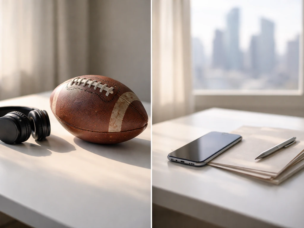 Minimal desk scene with a football on one side and a smartphone beside business papers, symbolizing sports media wealth