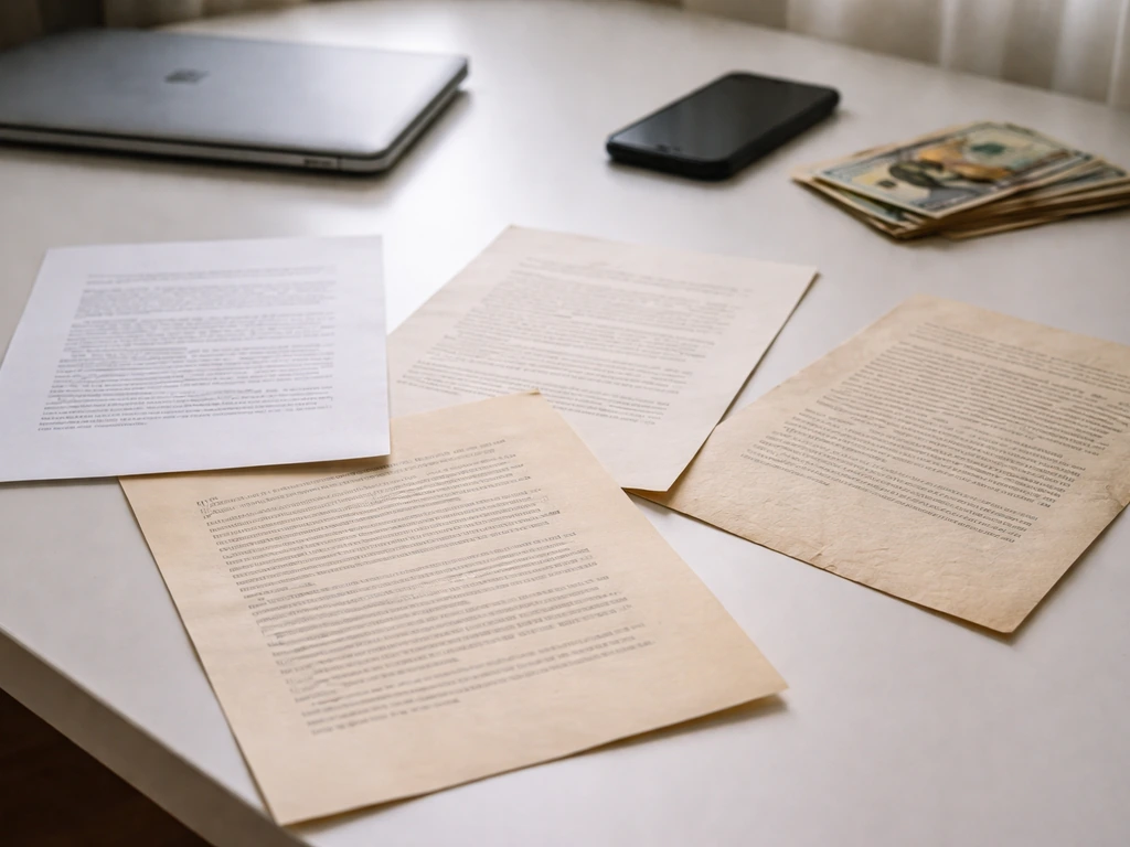 Scattered documents on a desk with laptop and money, suggesting varying net worth estimates.