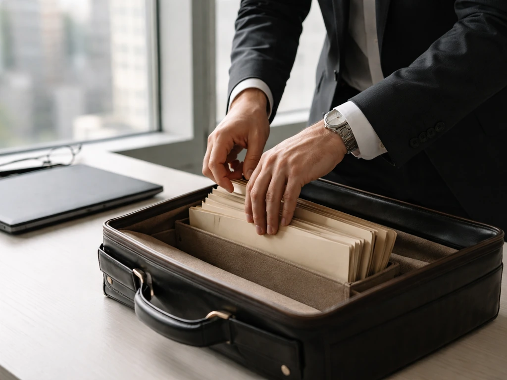 Anonymous hands pack a briefcase on a desk with blurred city view, symbolizing career earnings transitions.
