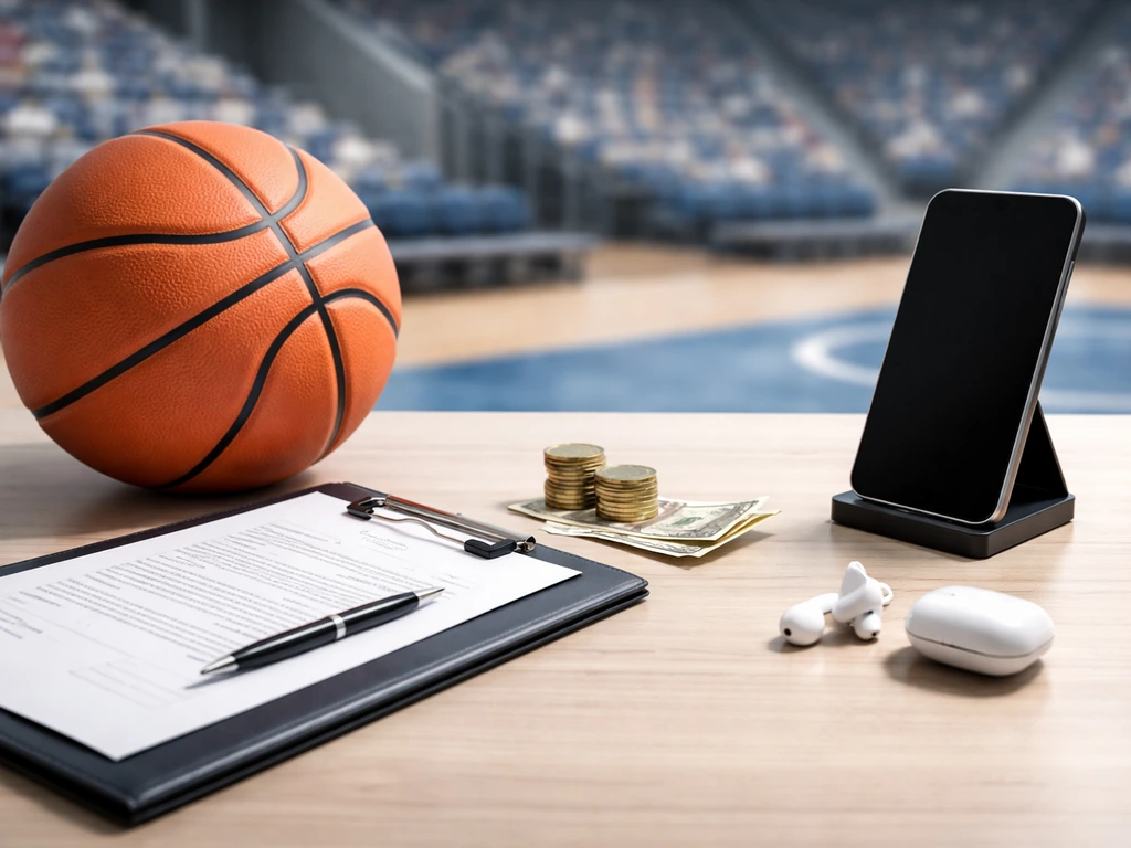 Minimal desk scene with basketball, contract folder, coins, and phone symbolizing pro basketball income streams.