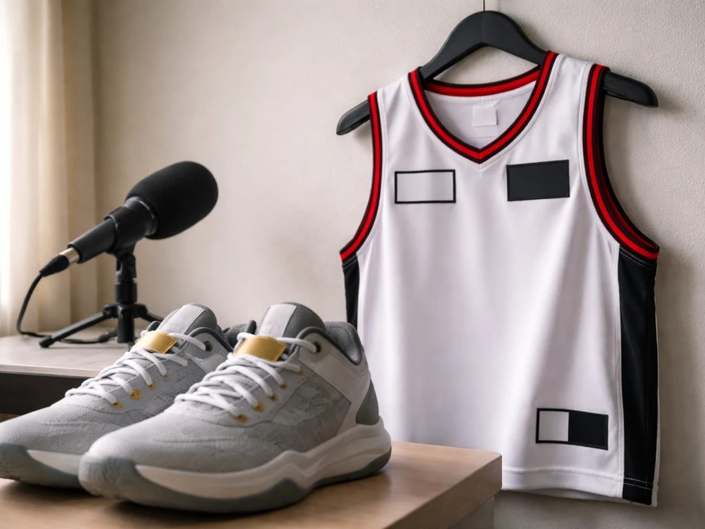 Close-up of branded basketball gear and a microphone at a simple media setup for a sports endorsement