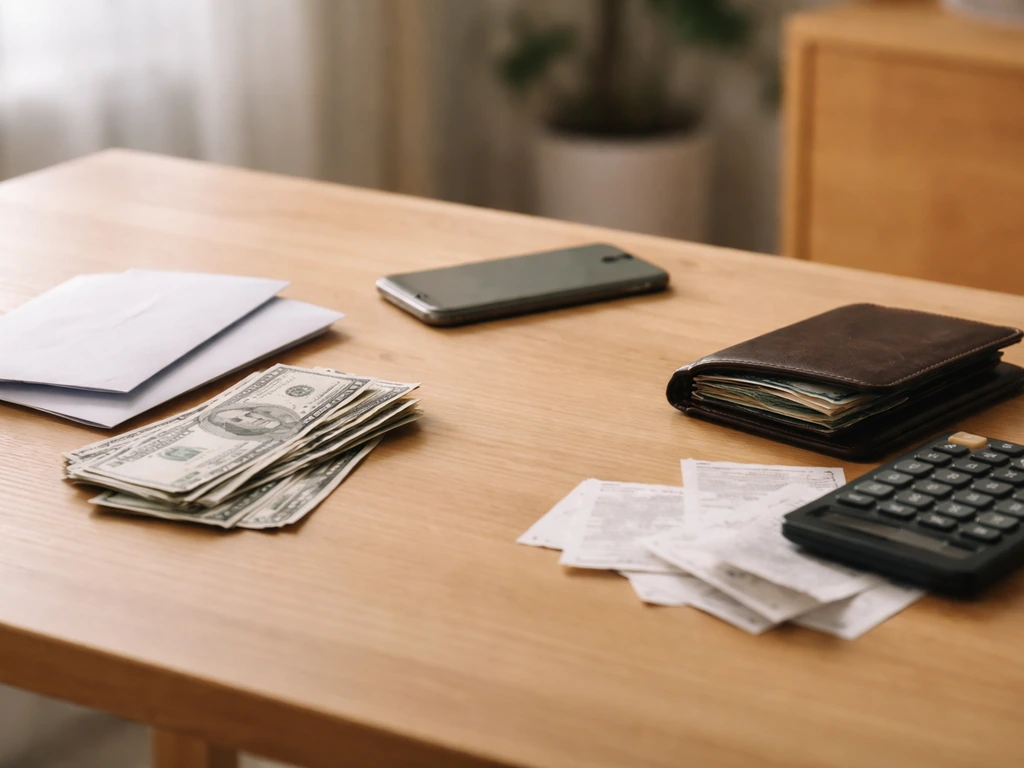 Minimal home-office desk with envelopes, receipts, currency, and wallet suggesting net worth calculation conflicts