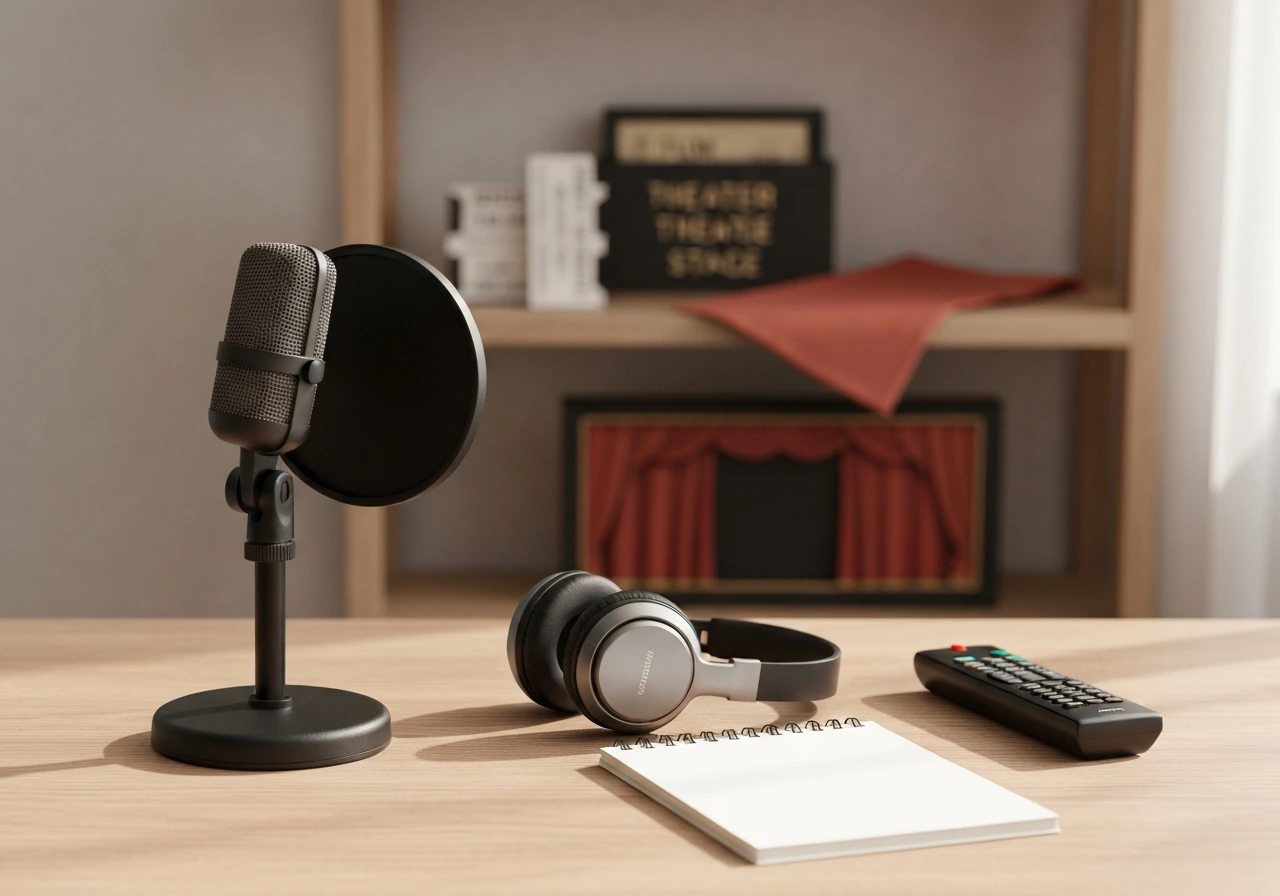 Minimal media studio desk with microphone and headphones, symbolizing an actor’s public profile without showing him.