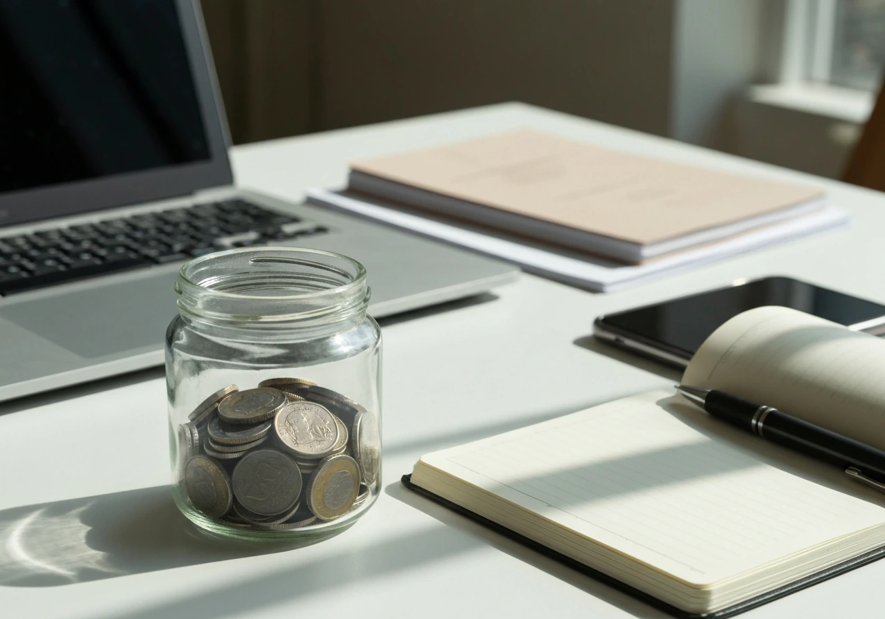 Minimal office desk with coins and documents suggesting careful financial analysis and range uncertainty.