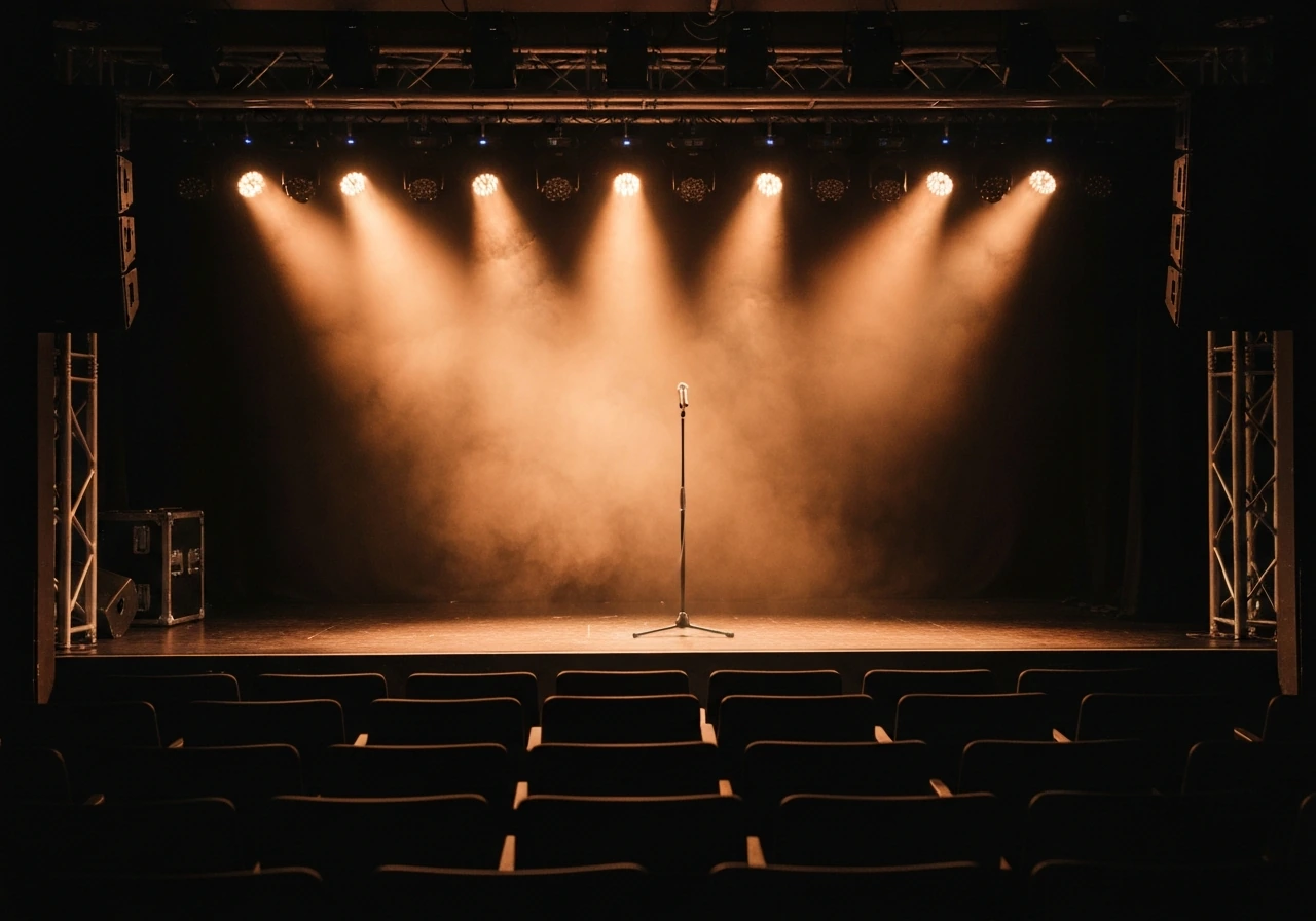 Minimal photo of a small theater stage with warm spotlight and empty seat row, suggesting comedy touring
