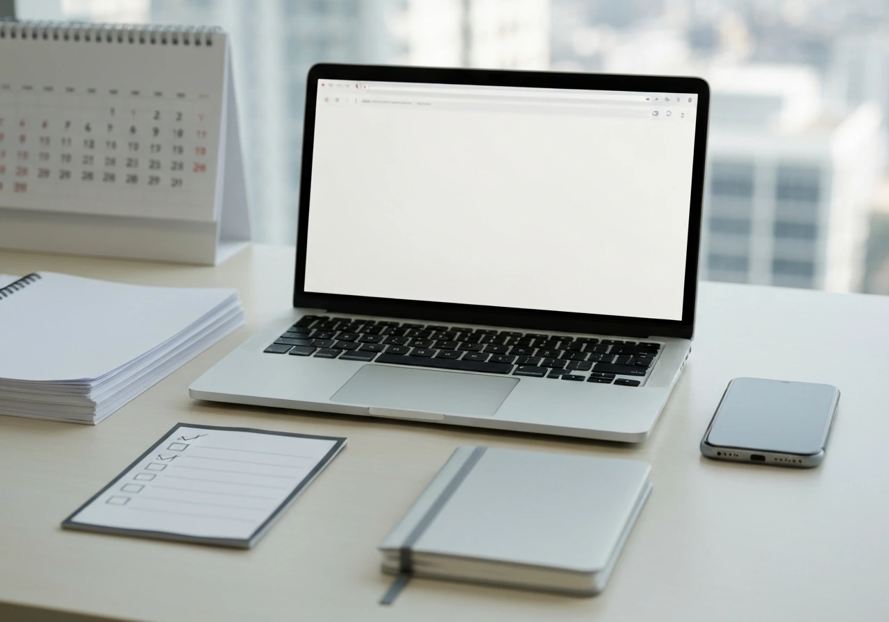 Minimal desk scene with laptop showing a blank search page, documents, and a smartphone for verifying an online estimate