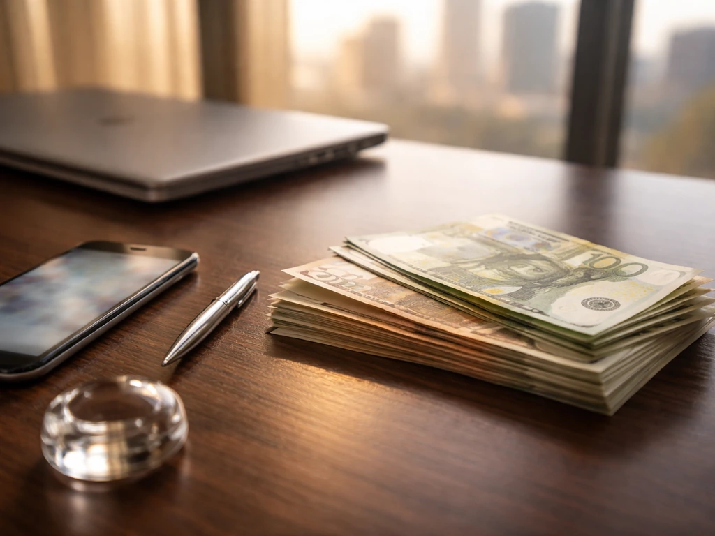 Minimal office desk with euro cash and a blurred phone screen, symbolizing a tens-of-millions estimate range.