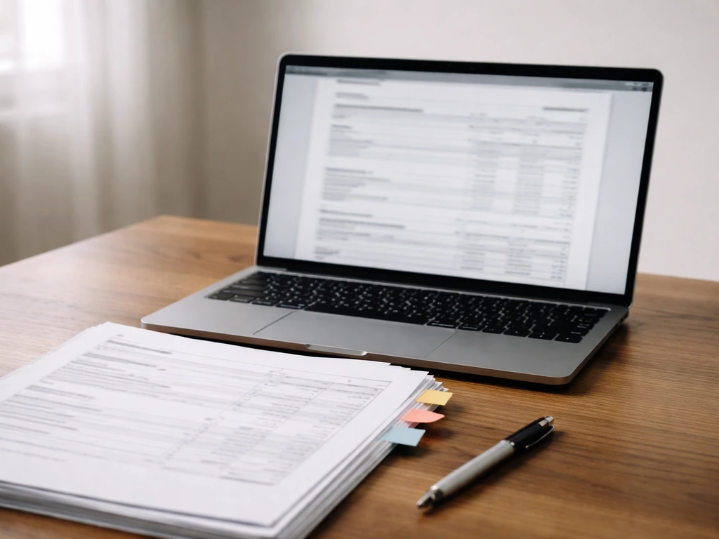Minimal desk scene with blurred Romanian trade-register-style filing sheets suggesting profit, revenue, and equity.
