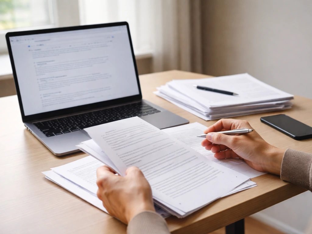 Person at desk comparing business documents and searching online on a laptop