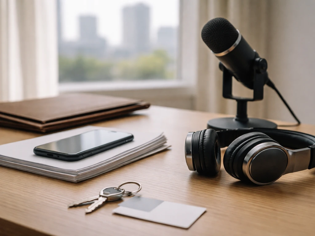 Minimal desk scene with smartphone, business documents, and a media microphone setup suggesting identity verification.