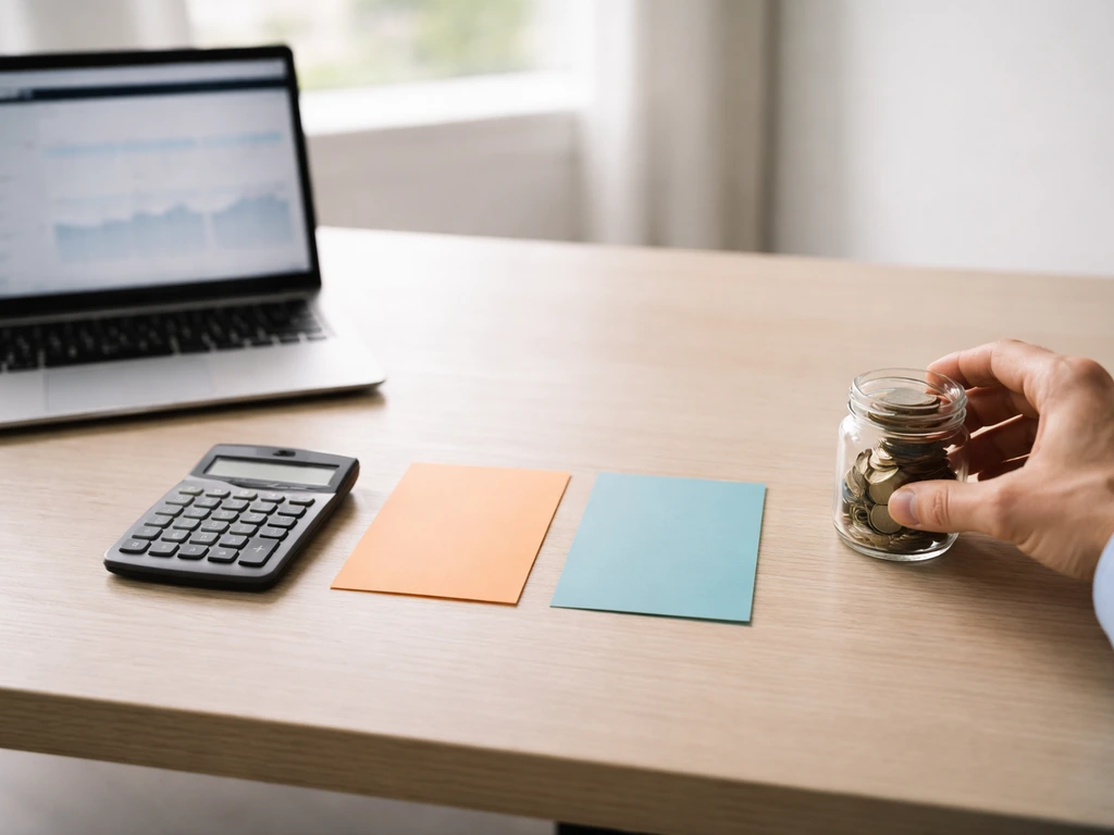 Desk scene with calculator, blurred finance laptop, and coins suggesting valuation-to-net-worth adjustments
