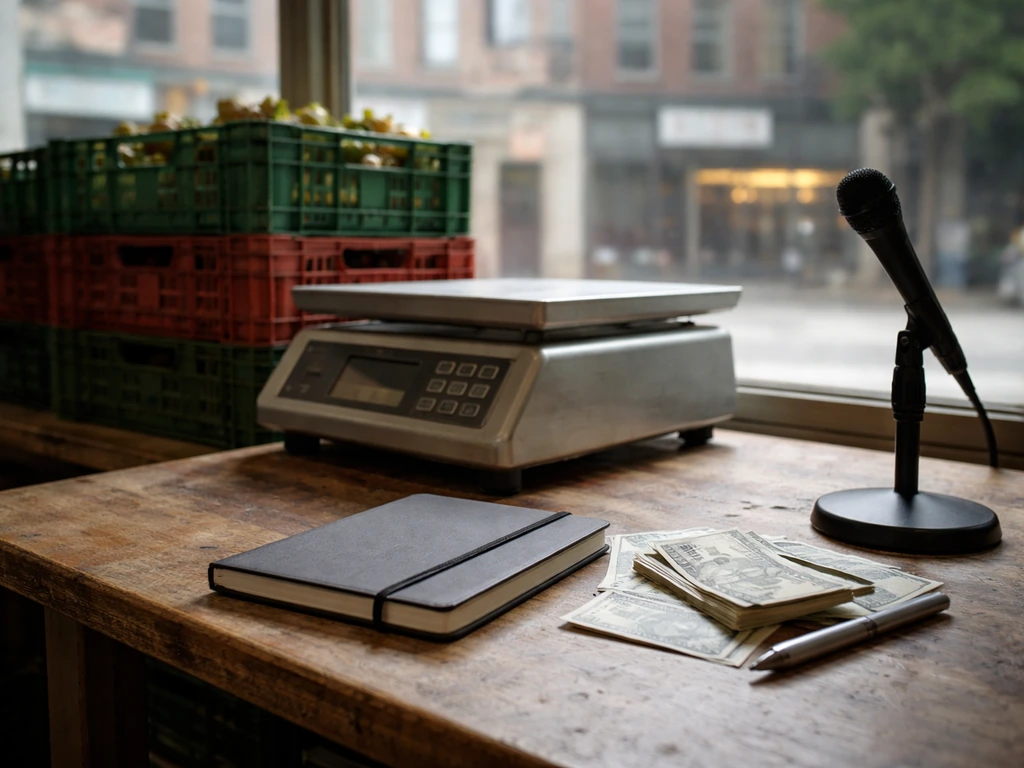 Minimal Chicago produce business scene with cashlike props and a journalistic desk setup