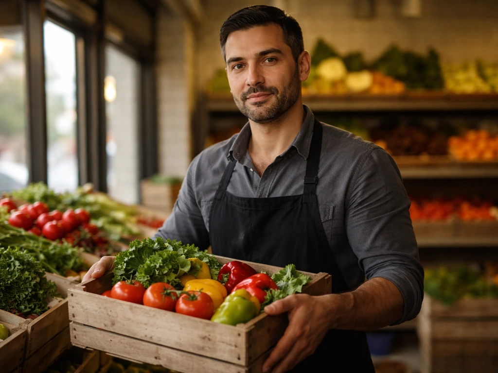 Greek-American grocery entrepreneur in a quiet Chicago produce store, holding a crate of fresh vegetables.