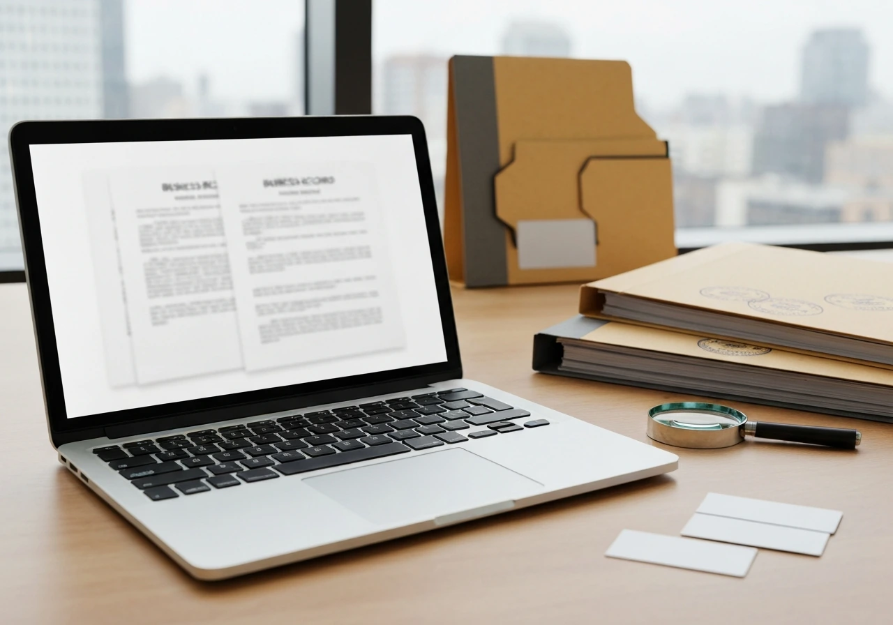 Minimal office desk with business paperwork and a laptop showing generic registry-style pages, symbolizing evidence sour