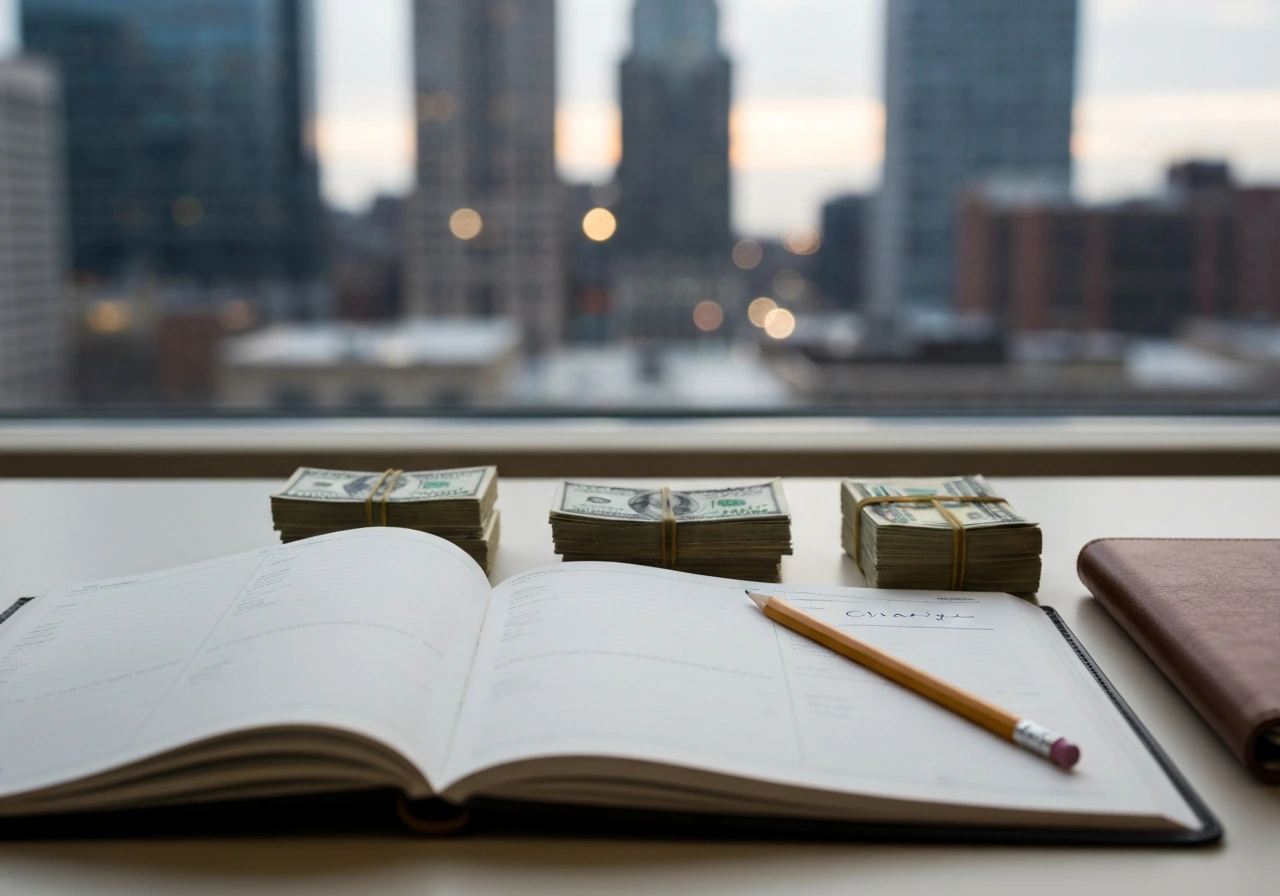 Minimal desk scene with blank planner and money stacks suggesting business milestones and growth.