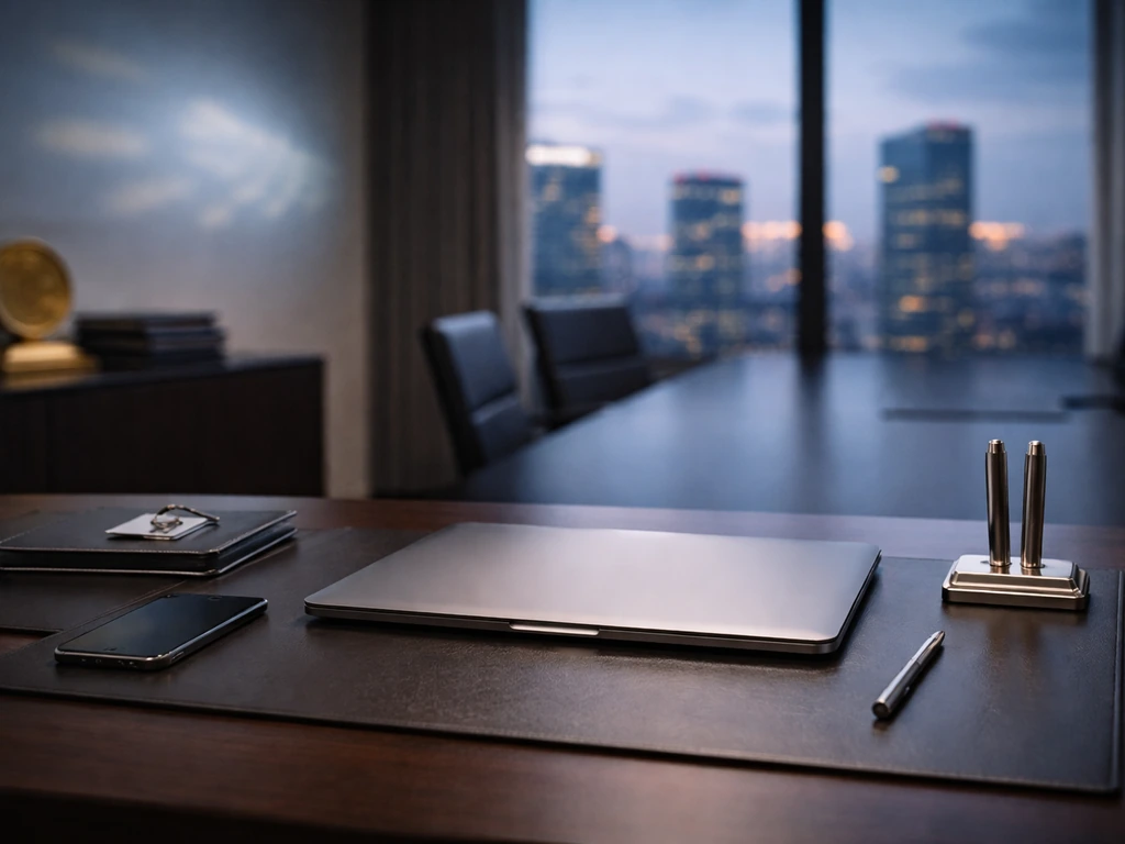 Minimal tech boardroom desk with laptop, keys, and city skyline—symbolic of business leadership and net worth.