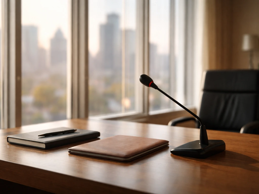 Empty executive office with a conference microphone and city skyline through windows, symbolizing corporate leadership