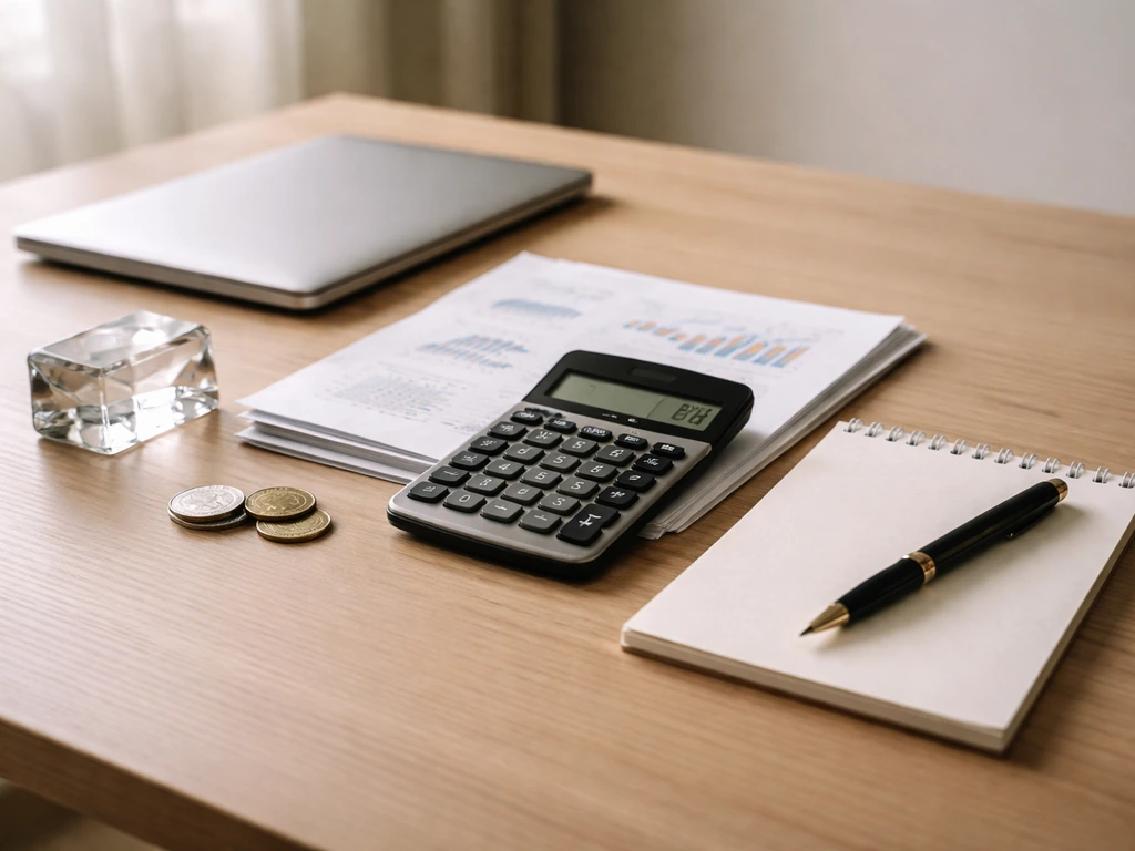 Minimal desk scene with calculator and blank documents symbolizing net worth estimation inputs.