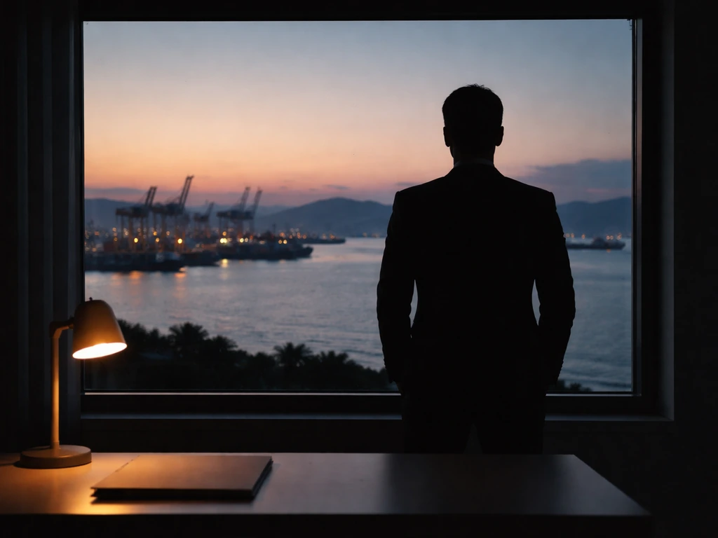 Dusk seascape with a lone businessman silhouette and distant port cranes, symbolizing shipping wealth and business analy