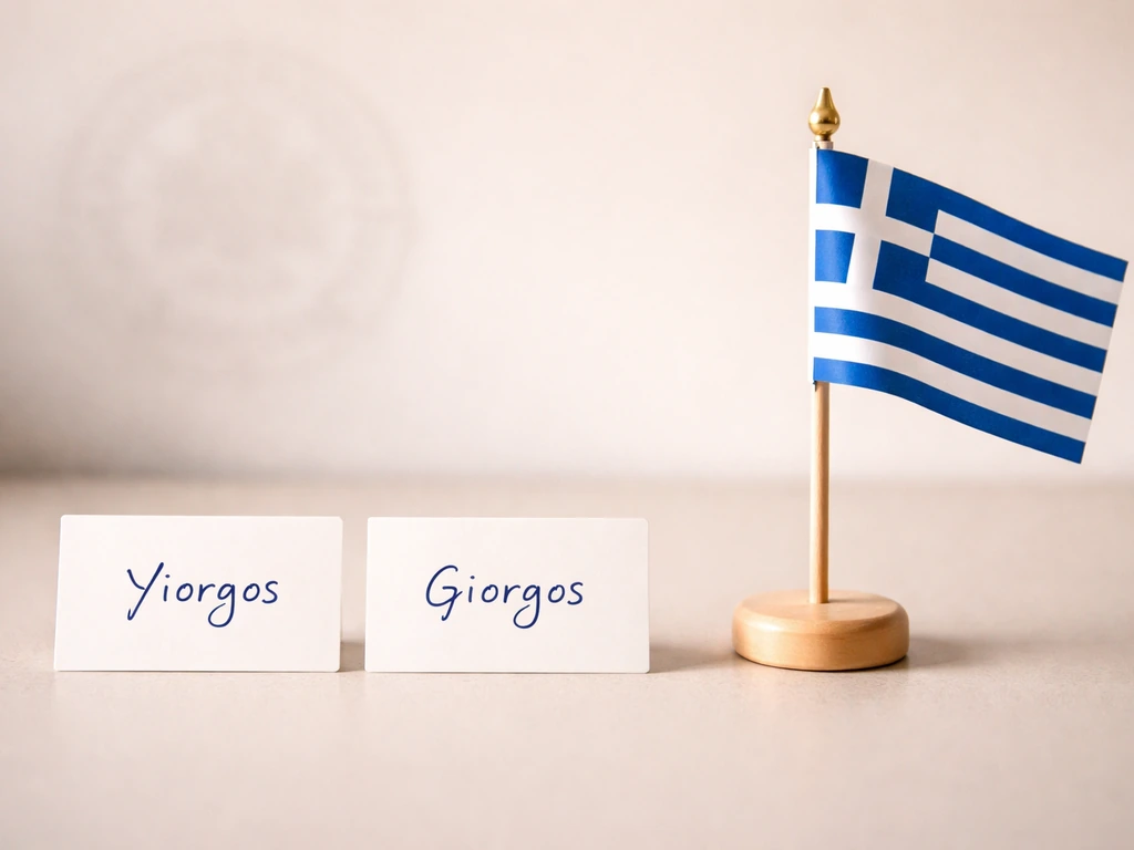Greek flag beside two handwritten spellings on neutral background, suggesting transliteration name confusion.
