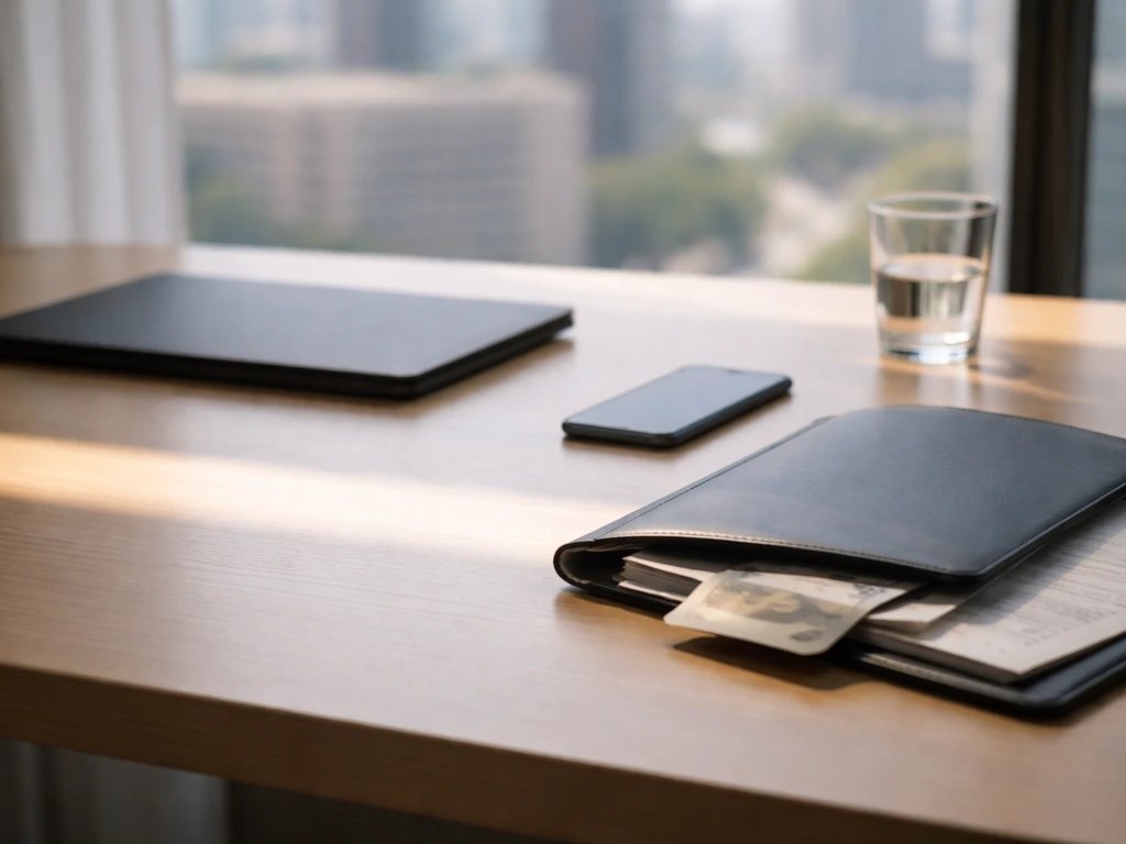 Minimal office desk with finance documents, blurred money, and natural light suggesting a net worth range.