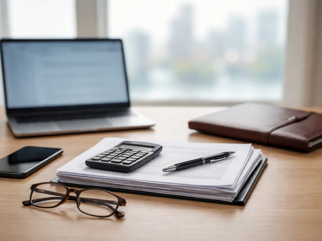 Desk with laptop, documents, calculator, and glasses in soft natural light, symbolizing net worth estimation work.