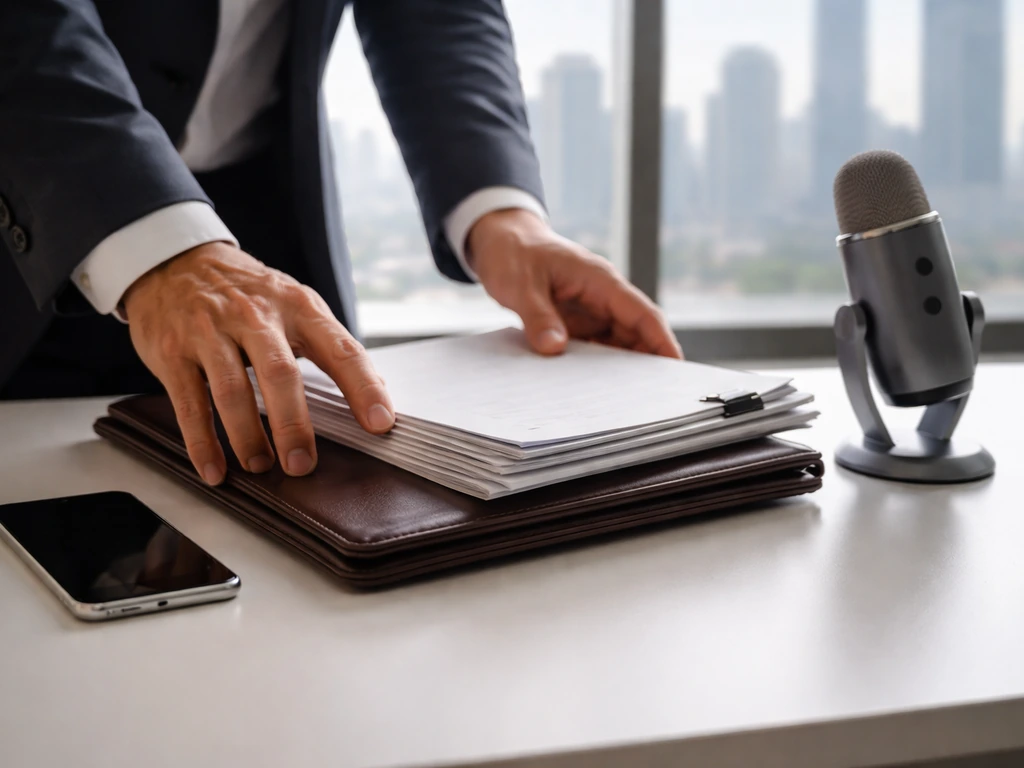 Hands arranging finance documents on a desk with a blurred city skyline outside the window.