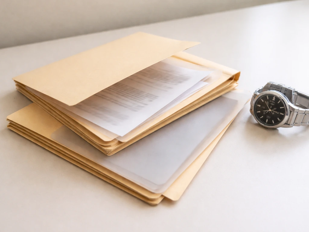 Close-up of sealed folders on a desk with one folder partly covered to suggest uncertain totals.